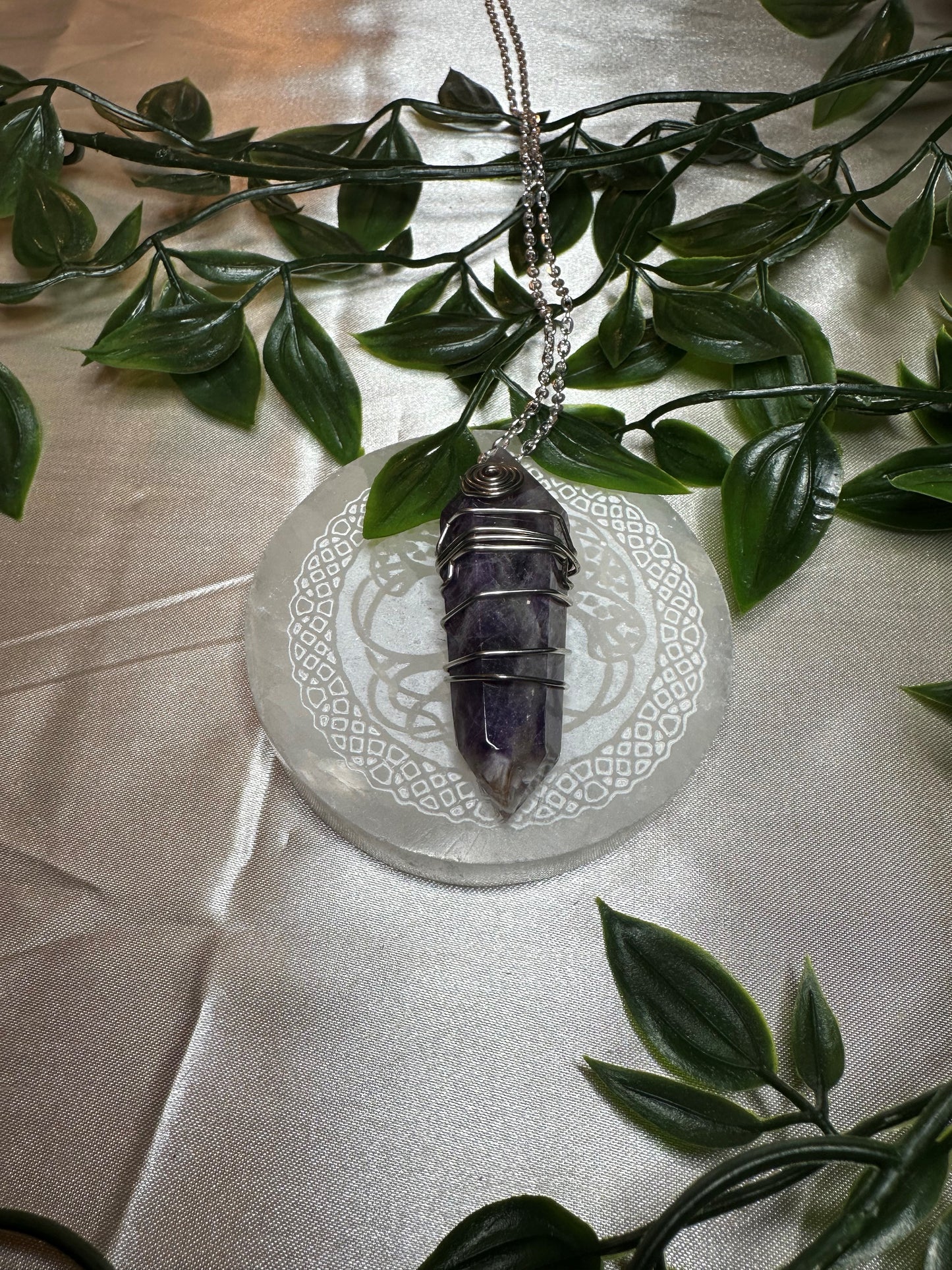 Silver Wire Wrapped Amethyst Double Point Necklace