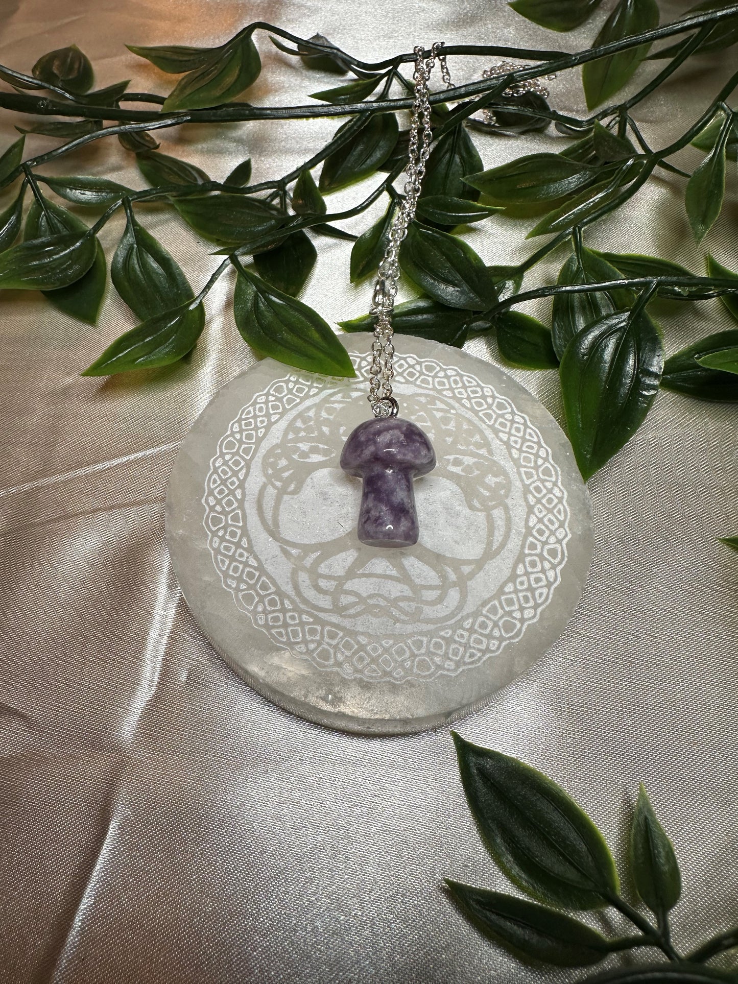 Cute Silver Lepidolite Mushroom Necklace