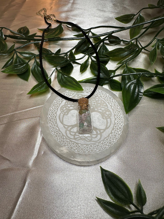 Cute Green Aventurine & Rose Quartz Chip Bottle Necklace