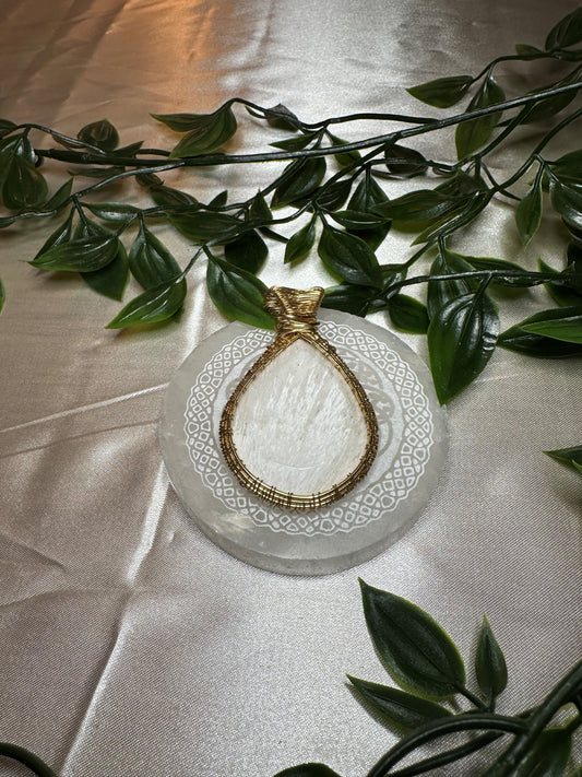 Gold Wire Wrapped Scolecite Teardrop Necklace