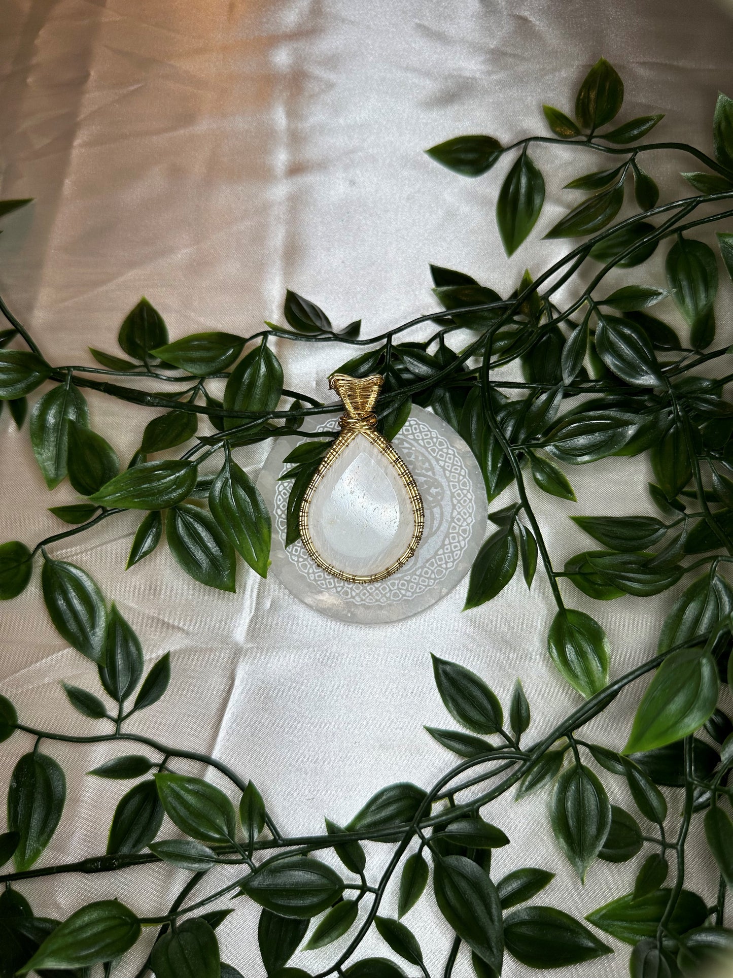 Gold Wire Wrapped Scolecite Teardrop Necklace