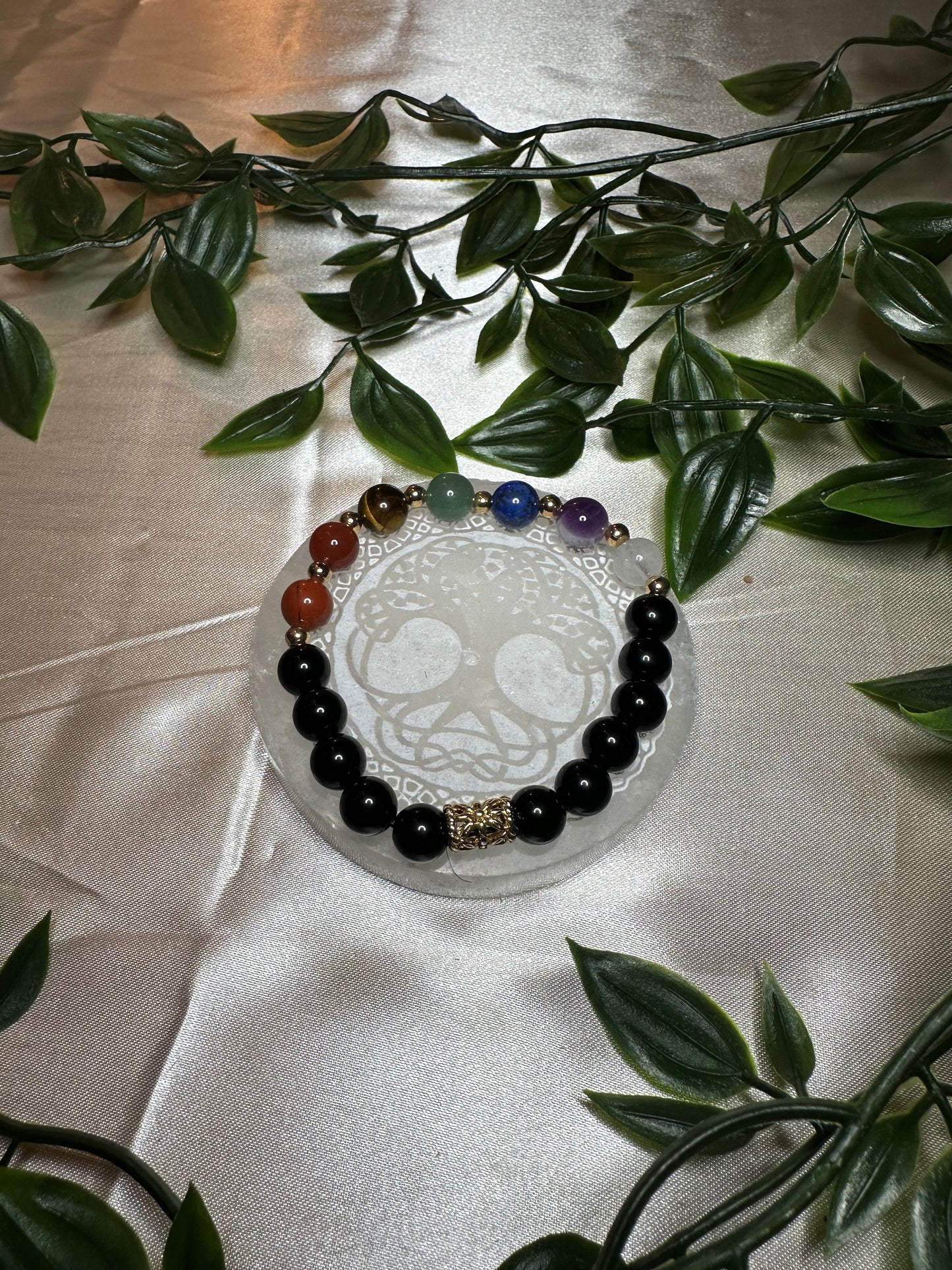 Black Tourmaline 7 Chakra Bracelet w/ Gold Spacers