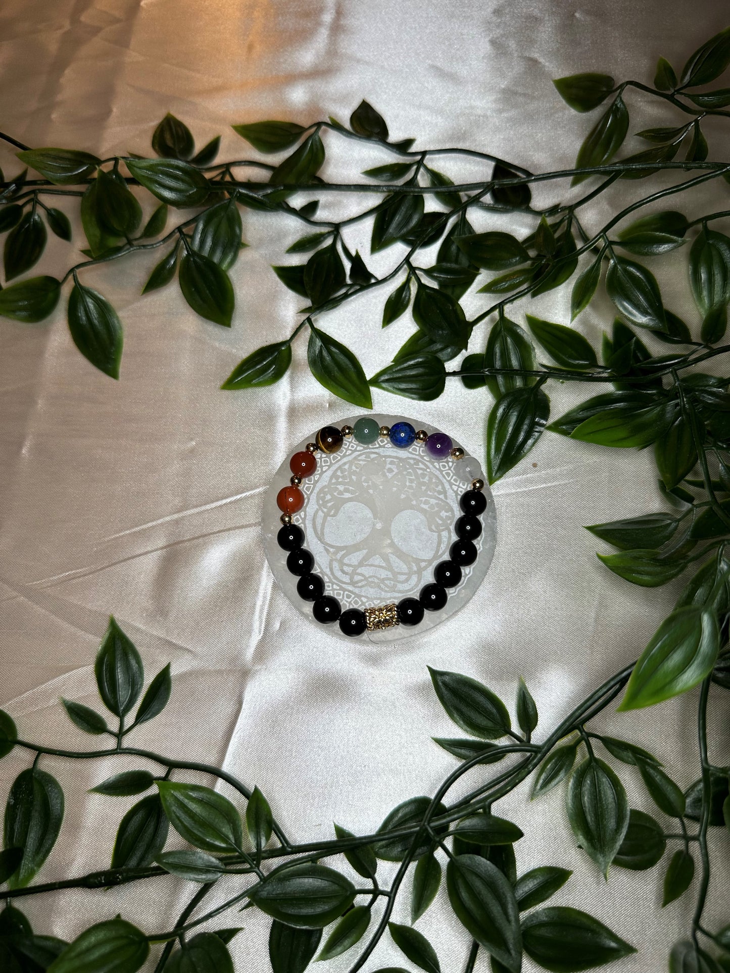 Black Tourmaline 7 Chakra Bracelet w/ Gold Spacers