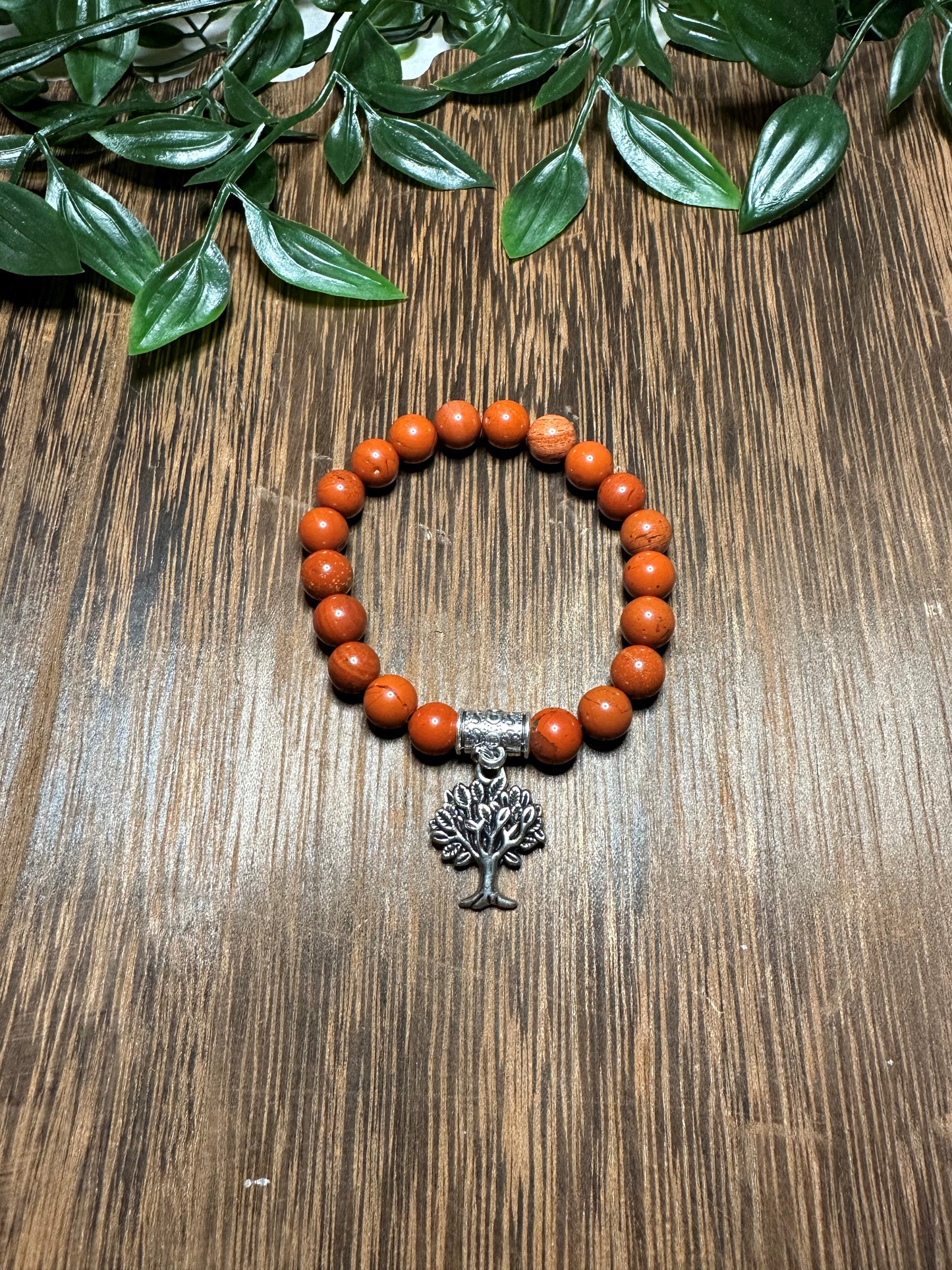 Red Jasper Bracelet w/ Silver Spacer & Tree Charm