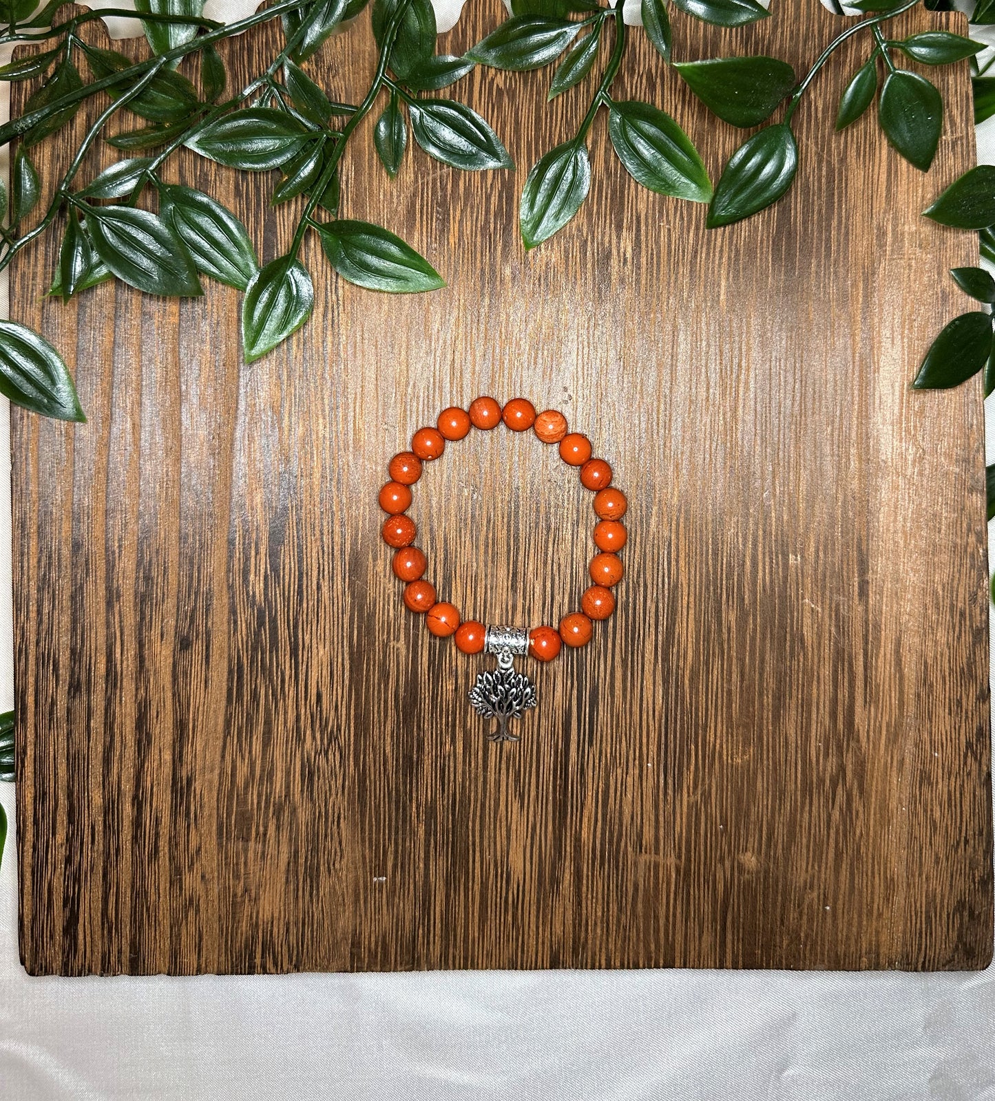 Red Jasper Bracelet w/ Silver Spacer & Tree Charm