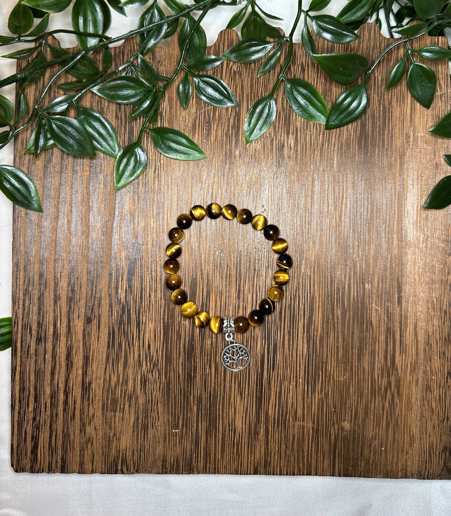 Tigers Eye Bracelet w/ Cute Silver Tree Charm