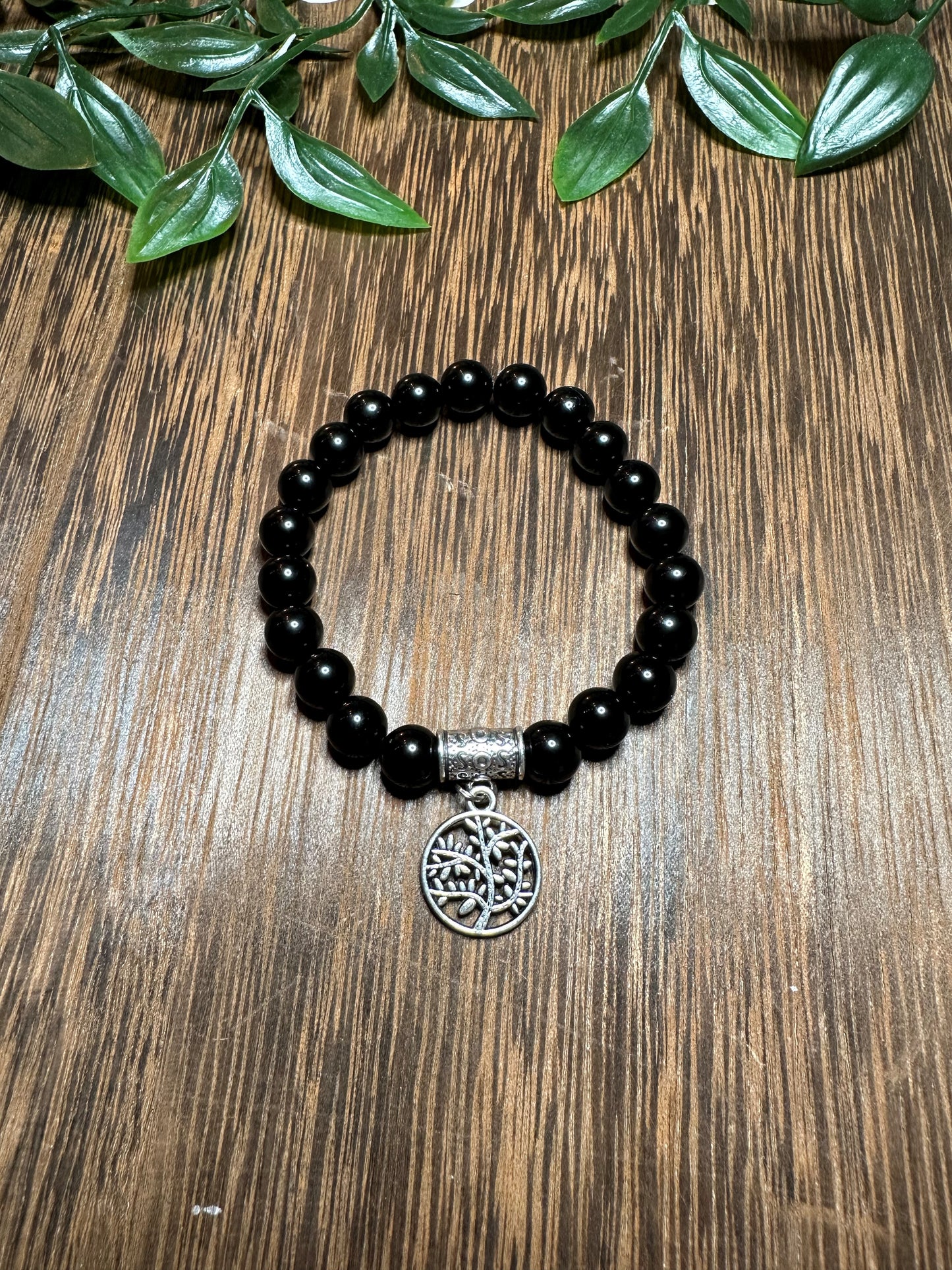 Black Onyx Bracelet w/ Cute Tree Charm