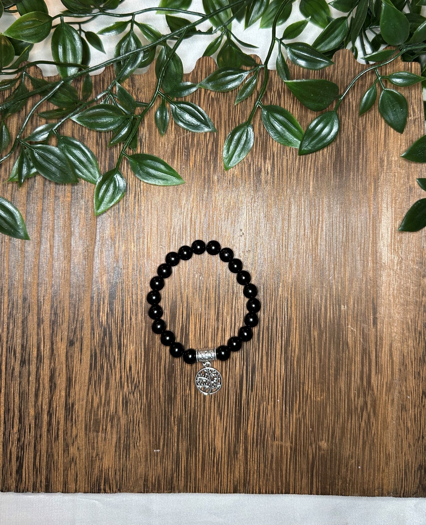 Black Onyx Bracelet w/ Cute Tree Charm