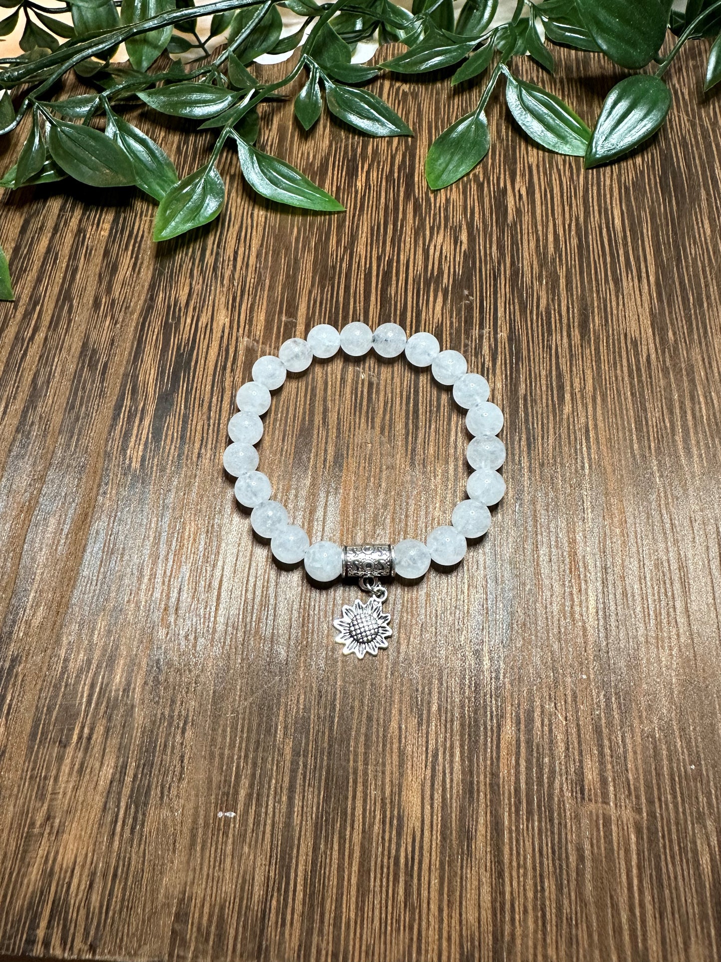 Clear Quartz Bracelet w/ Cute Silver Sunflower Charm