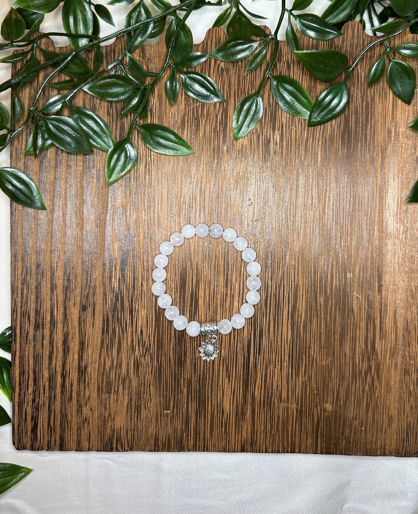 Clear Quartz Bracelet w/ Cute Silver Sunflower Charm