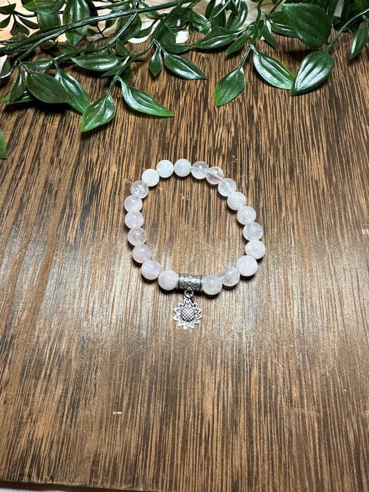 Rose Quartz Bracelet w/ Cute Silver Sunflower Charm